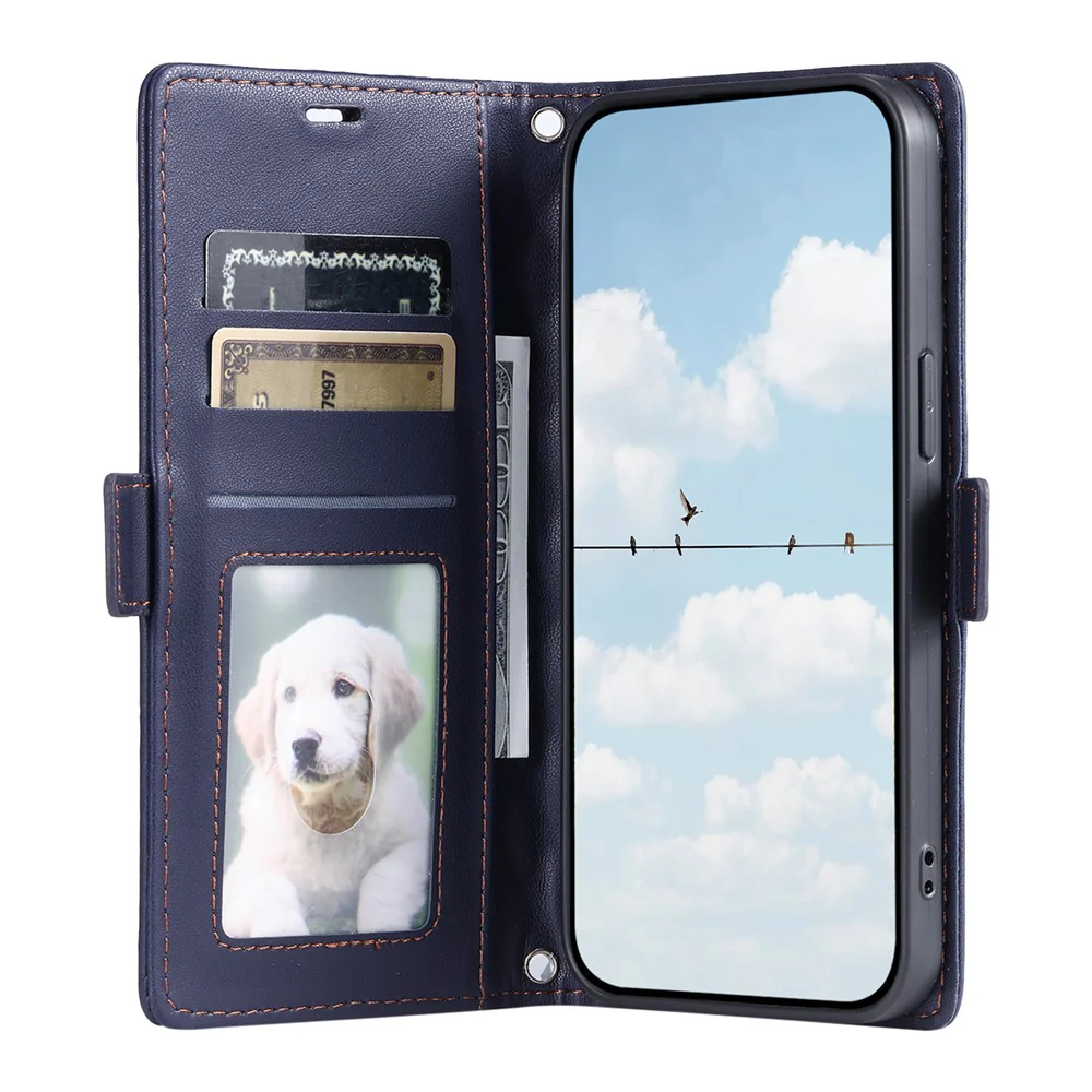 For iPhone 17 Pro Max Leather Case Rhombus Texture Wallet Stand Phone Cover with Wrist Strap - Blue - Image 2
