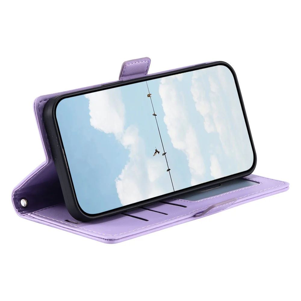 For iPhone 17 Pro Max Leather Case Rhombus Texture Wallet Stand Phone Cover with Wrist Strap - Purple - Image 3