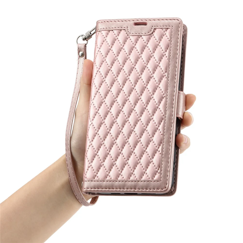 For iPhone 17 Pro Max Leather Case Rhombus Texture Wallet Stand Phone Cover with Wrist Strap - Rose Gold - Image 6