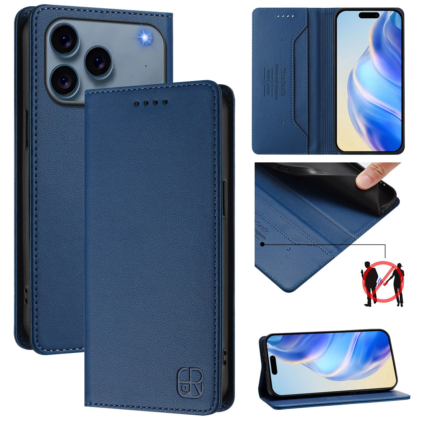 For iPhone 17 Pro Max Leather Case RINACASIS RC01 Phone Cover with RFID Blocking Wallet Stand - Dark Blue - Image 2