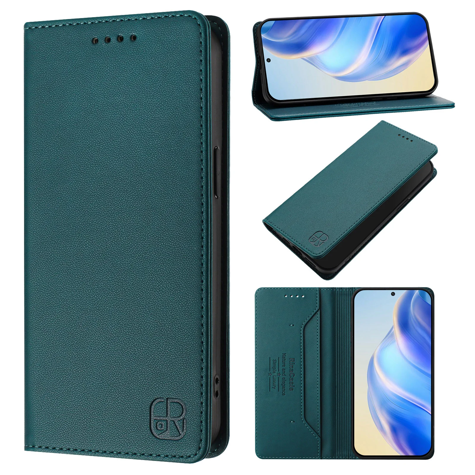For iPhone 17 Pro Max Leather Case RINACASIS RC01 Phone Cover with RFID Blocking Wallet Stand - Dark Green - Image 3