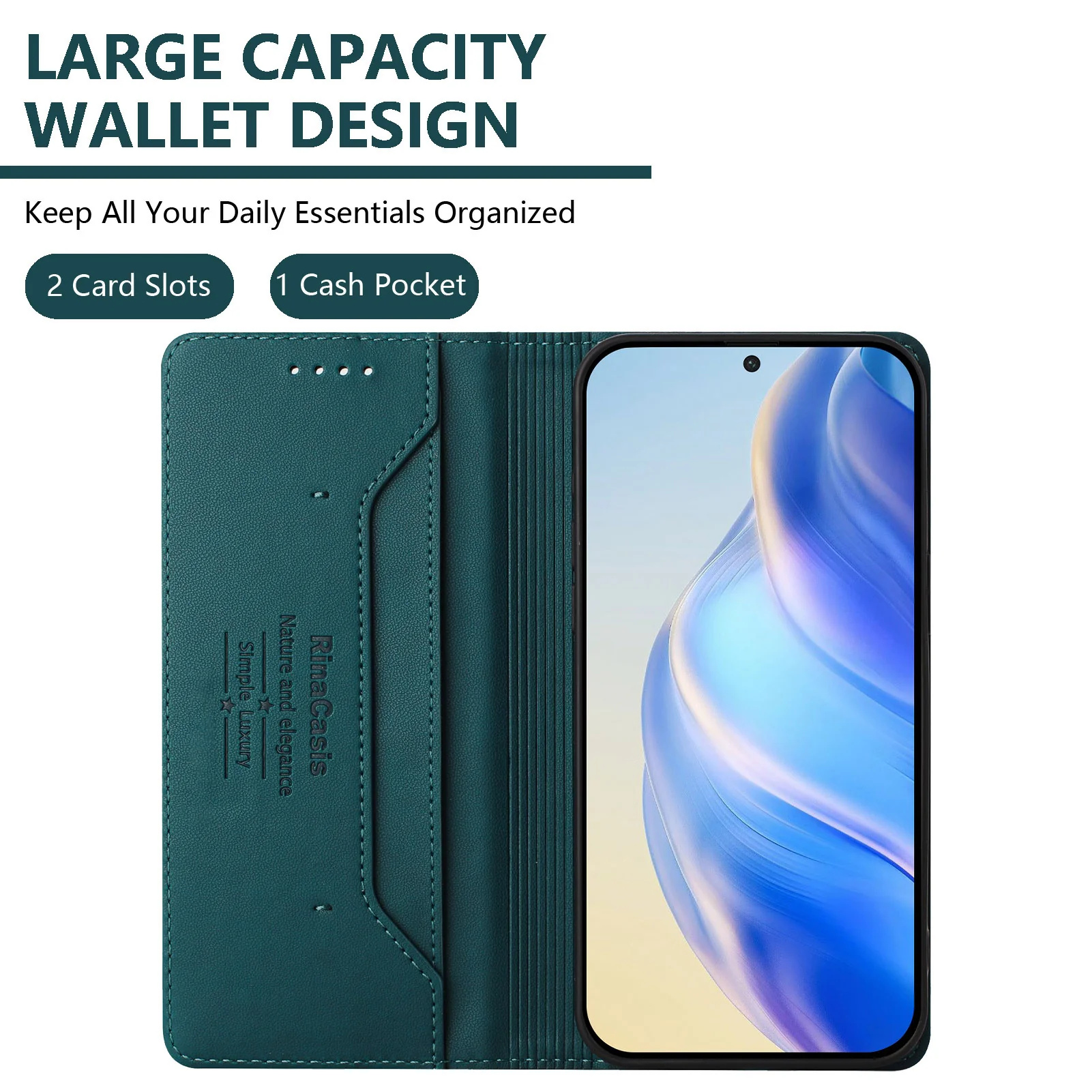 For iPhone 17 Pro Max Leather Case RINACASIS RC01 Phone Cover with RFID Blocking Wallet Stand - Dark Green - Image 5
