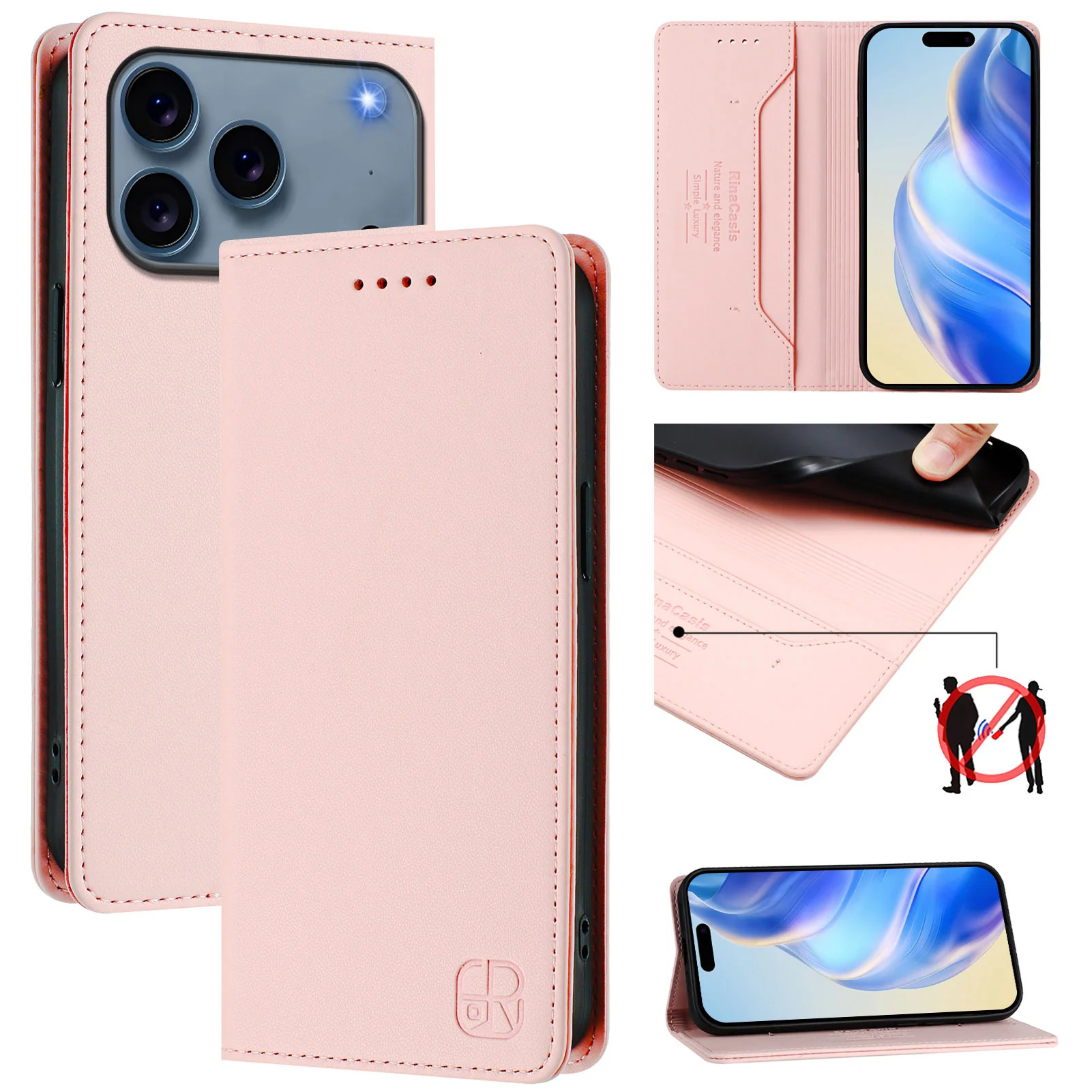 For iPhone 17 Pro Max Leather Case RINACASIS RC01 Phone Cover with RFID Blocking Wallet Stand - Pink - Image 2