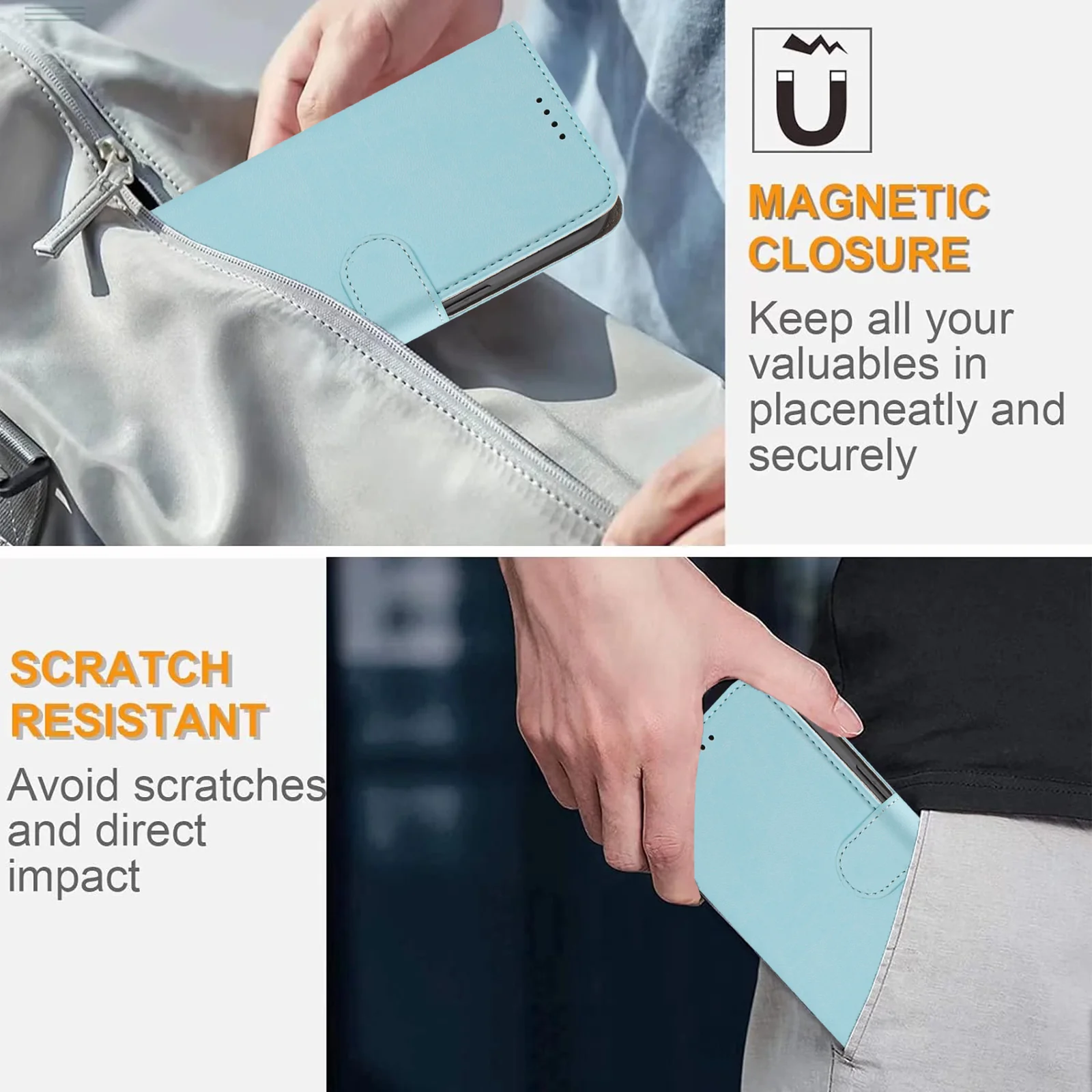 For iPhone 17 Pro Max Leather Case Solid Color Phone Cover with Wallet - Baby Blue - Image 3