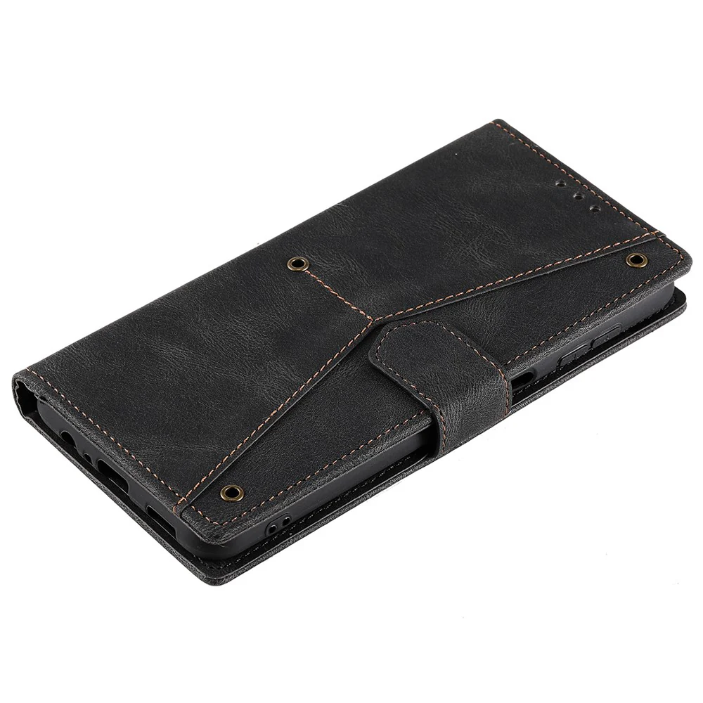 For iPhone 17 Pro Max Leather Case Splicing Stitching Wallet Phone Cover with Wrist Strap - Black - Image 5
