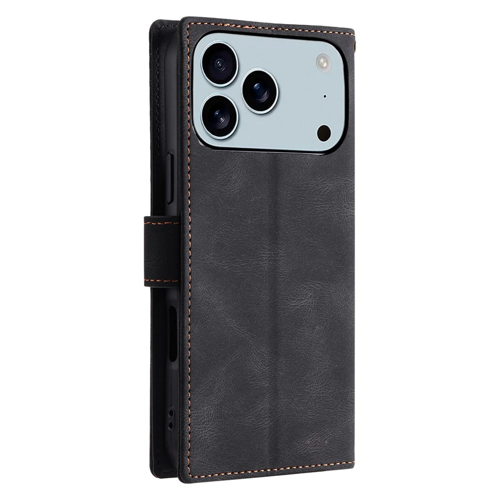 For iPhone 17 Pro Max Leather Case Splicing Stitching Wallet Phone Cover with Wrist Strap - Black - Image 8