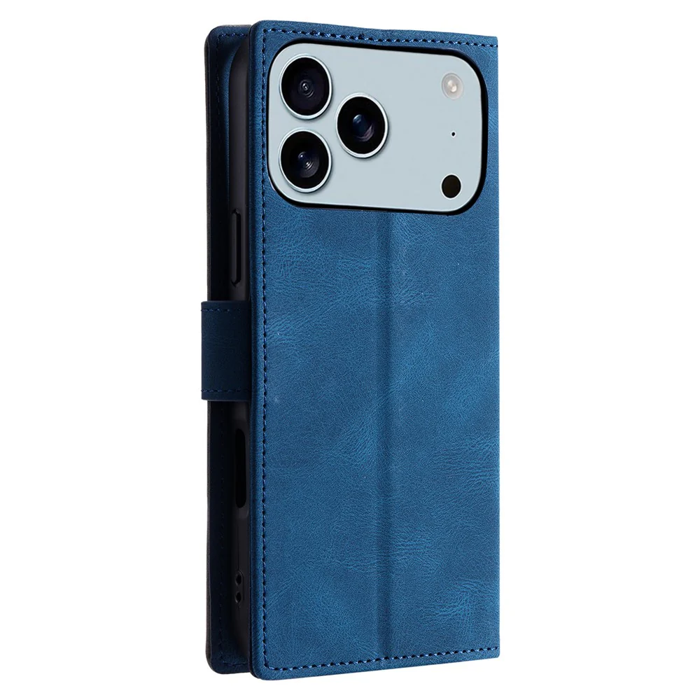For iPhone 17 Pro Max Leather Case Splicing Stitching Wallet Phone Cover with Wrist Strap - Blue - Image 8