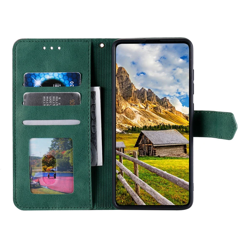 For iPhone 17 Pro Max Leather Case Splicing Stitching Wallet Phone Cover with Wrist Strap - Green - Image 2