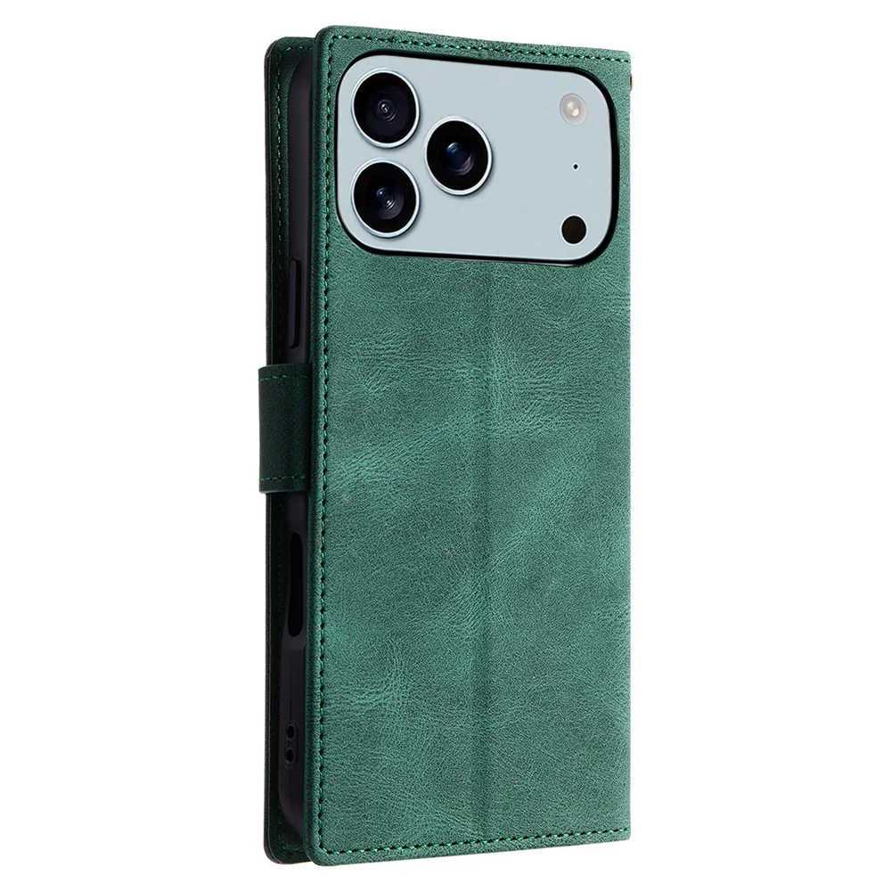 For iPhone 17 Pro Max Leather Case Splicing Stitching Wallet Phone Cover with Wrist Strap - Green - Image 8