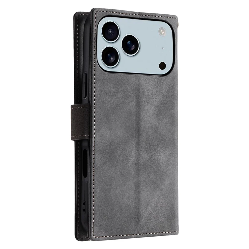 For iPhone 17 Pro Max Leather Case Splicing Stitching Wallet Phone Cover with Wrist Strap - Grey - Image 8