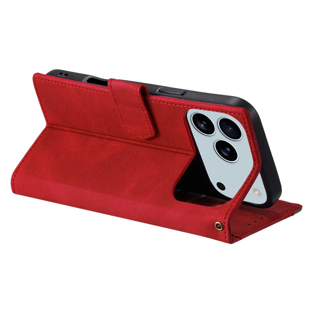 For iPhone 17 Pro Max Leather Case Splicing Stitching Wallet Phone Cover with Wrist Strap - Red - Image 4