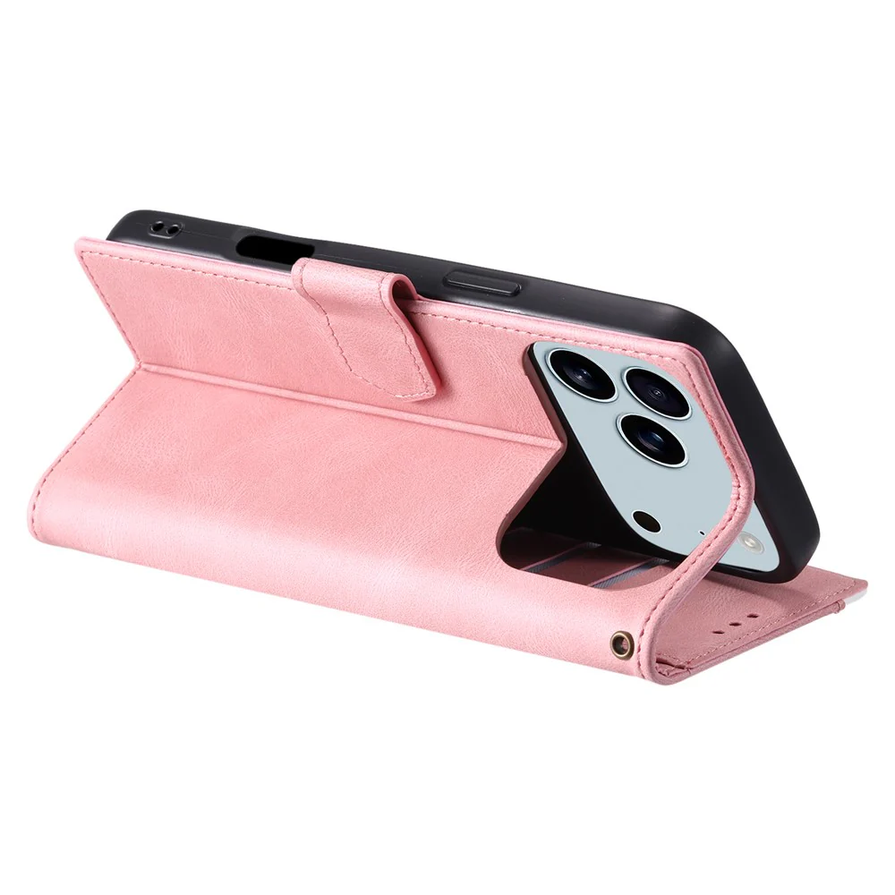 For iPhone 17 Pro Max Leather Case Splicing Stitching Wallet Phone Cover with Wrist Strap - Rose Gold - Image 4