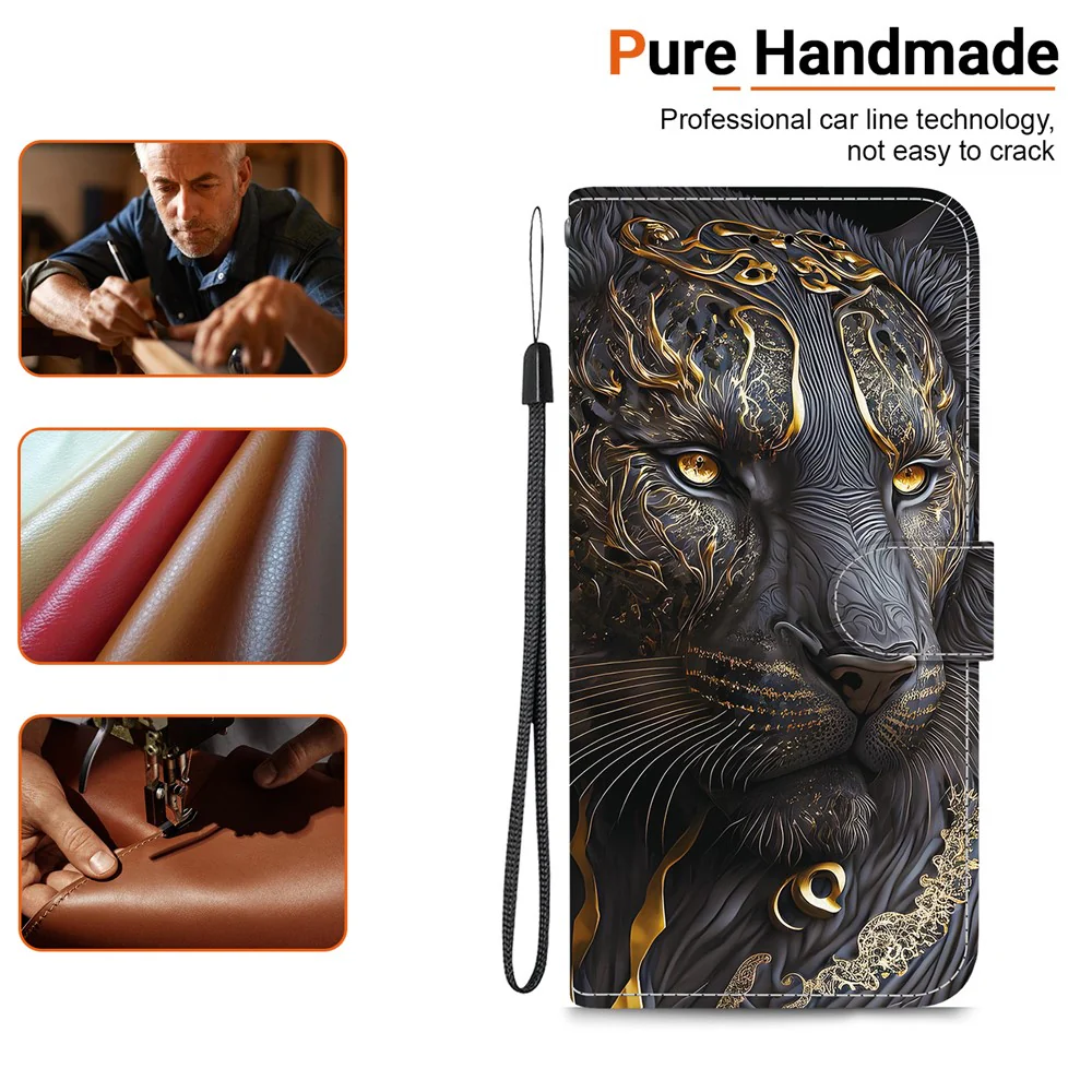 For iPhone 17 Pro Max Leather Case Stand Wallet Pattern Printing Phone Cover with Wrist Strap - Black Gold Lion - Image 6