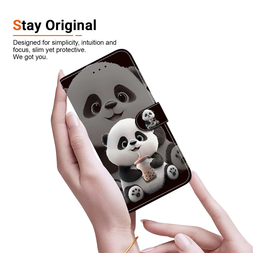 For iPhone 17 Pro Max Leather Case Stand Wallet Pattern Printing Phone Cover with Wrist Strap - Milk Tea Panda - Image 4