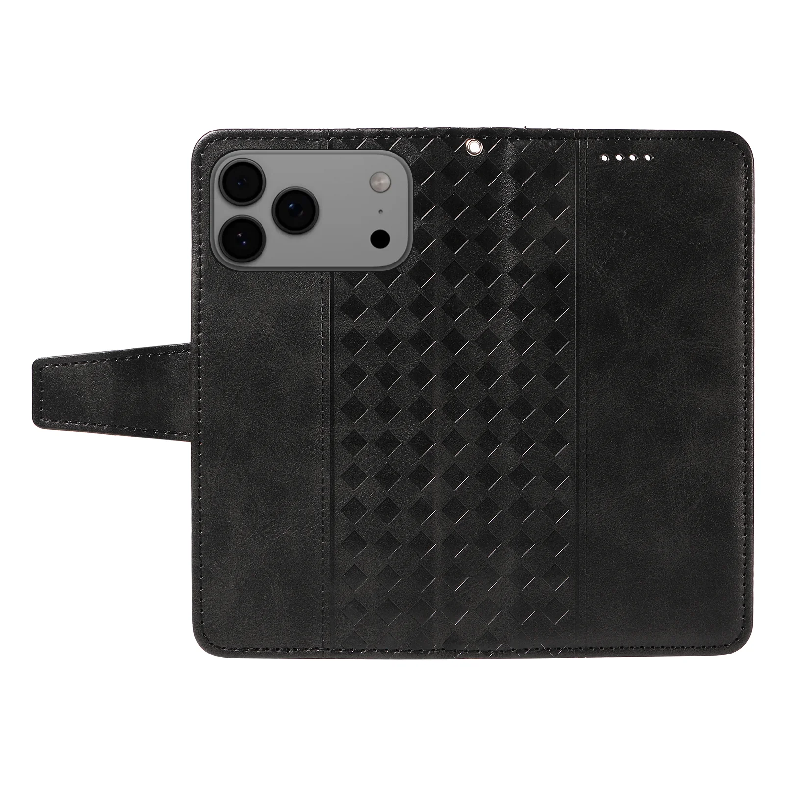 For iPhone 17 Pro Max Leather Case Wallet Stand Grids Imprinted Phone Cover with Strap - Black - Image 3