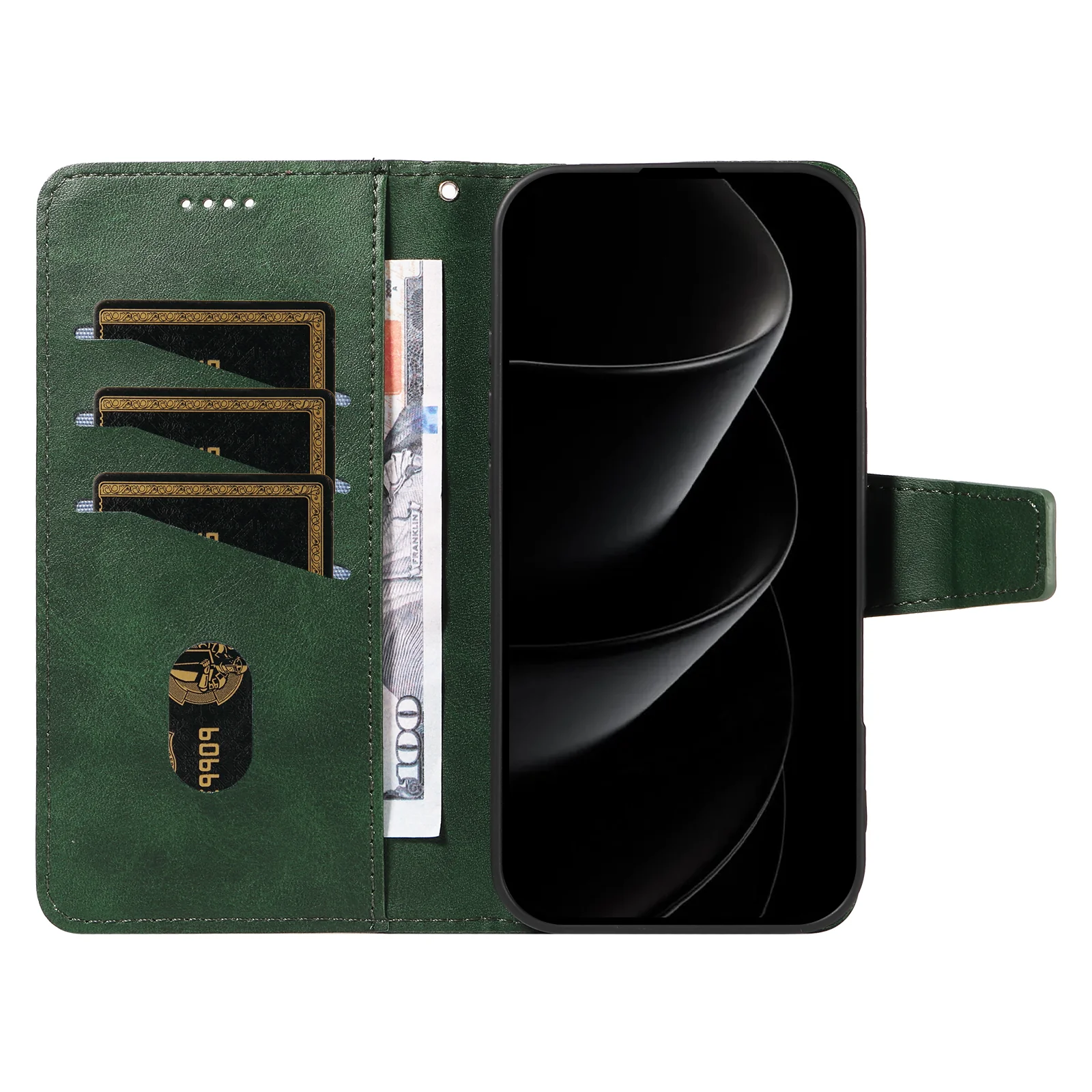 For iPhone 17 Pro Max Leather Case Wallet Stand Grids Imprinted Phone Cover with Strap - Green - Image 2