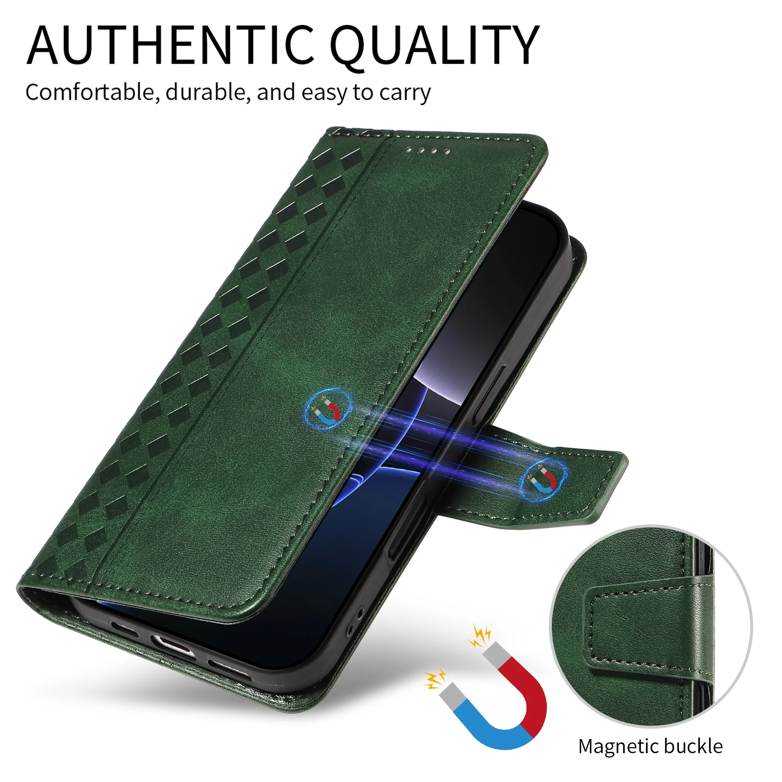 For iPhone 17 Pro Max Leather Case Wallet Stand Grids Imprinted Phone Cover with Strap - Green - Image 5