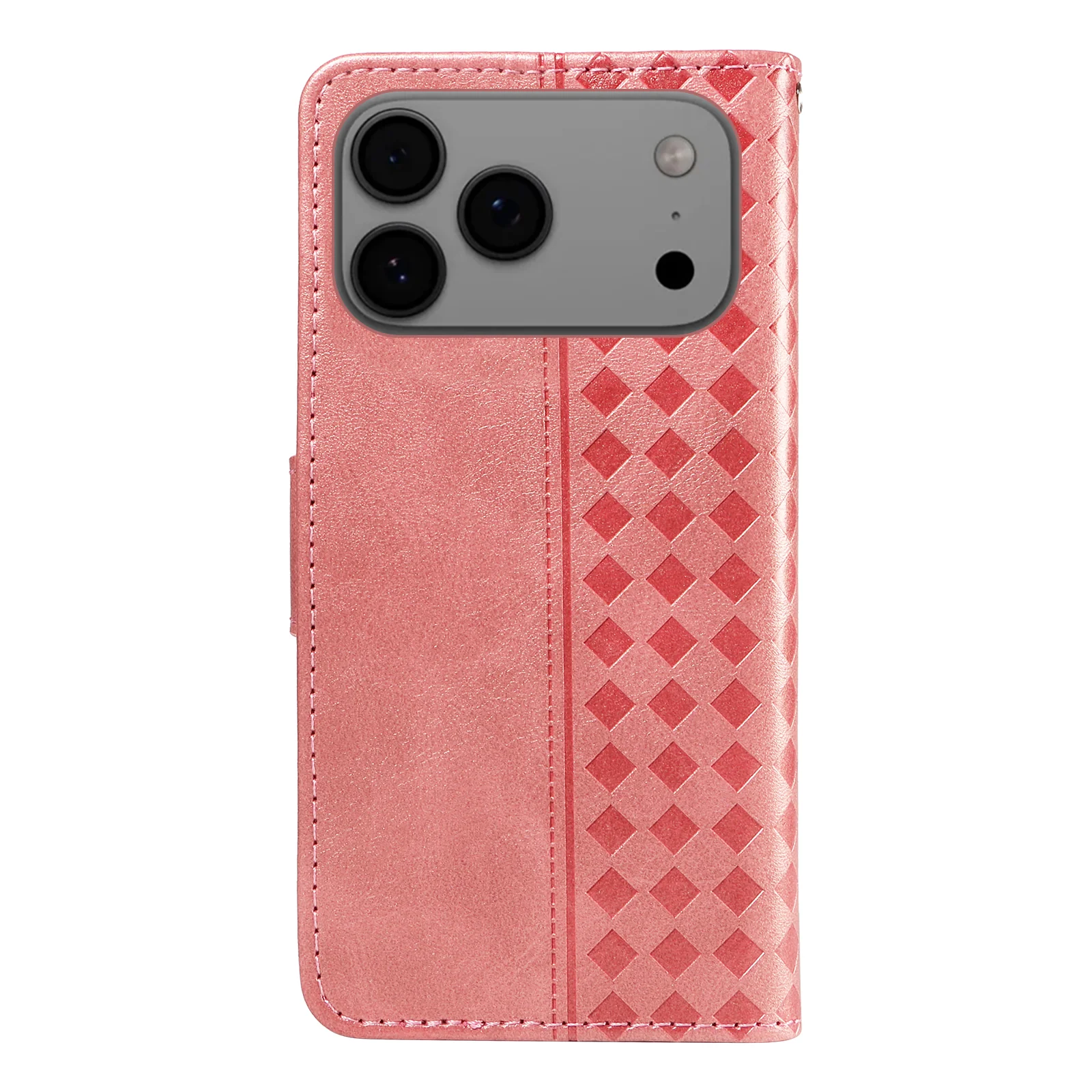 For iPhone 17 Pro Max Leather Case Wallet Stand Grids Imprinted Phone Cover with Strap - Rose Gold - Image 8