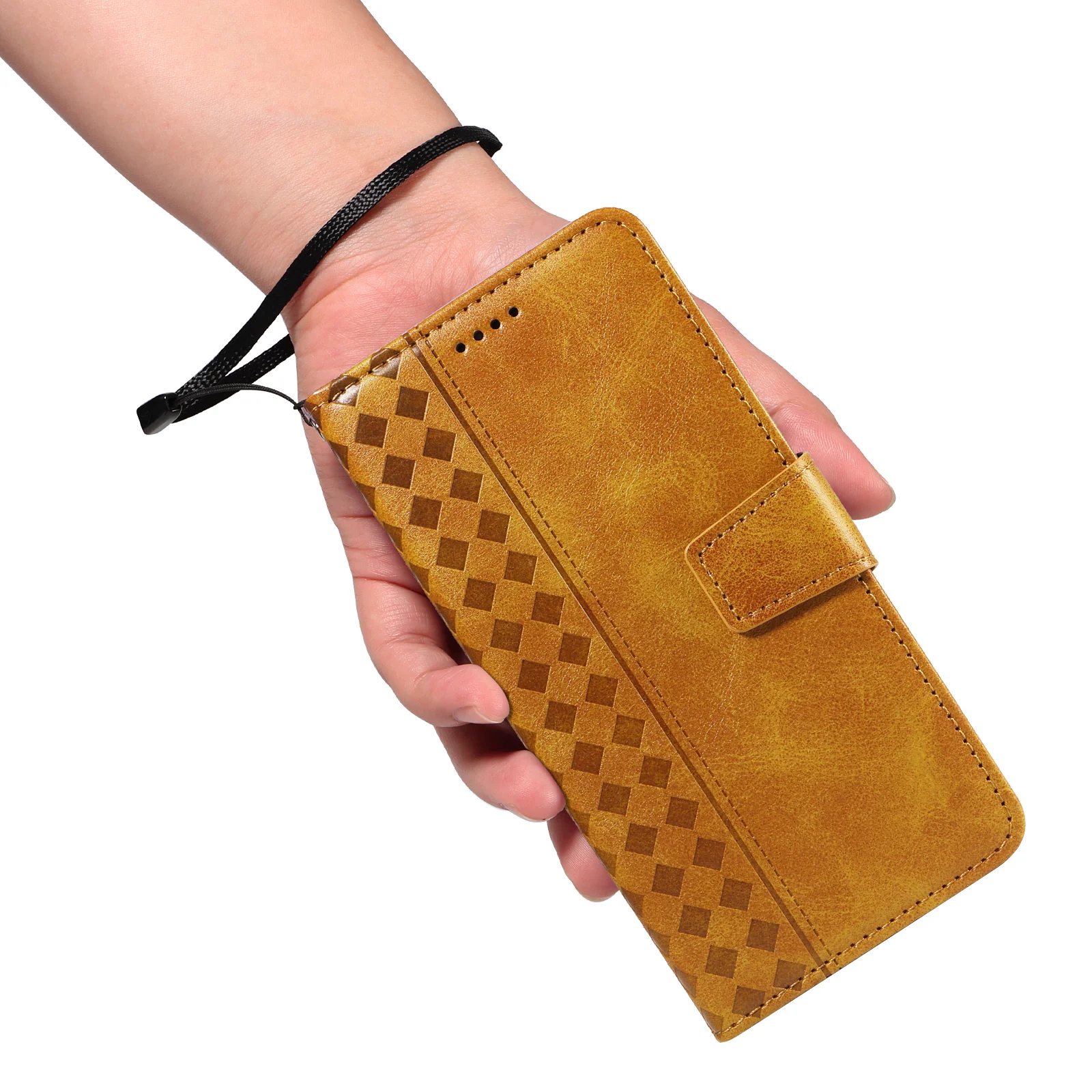 For iPhone 17 Pro Max Leather Case Wallet Stand Grids Imprinted Phone Cover with Strap - Yellow - Image 6