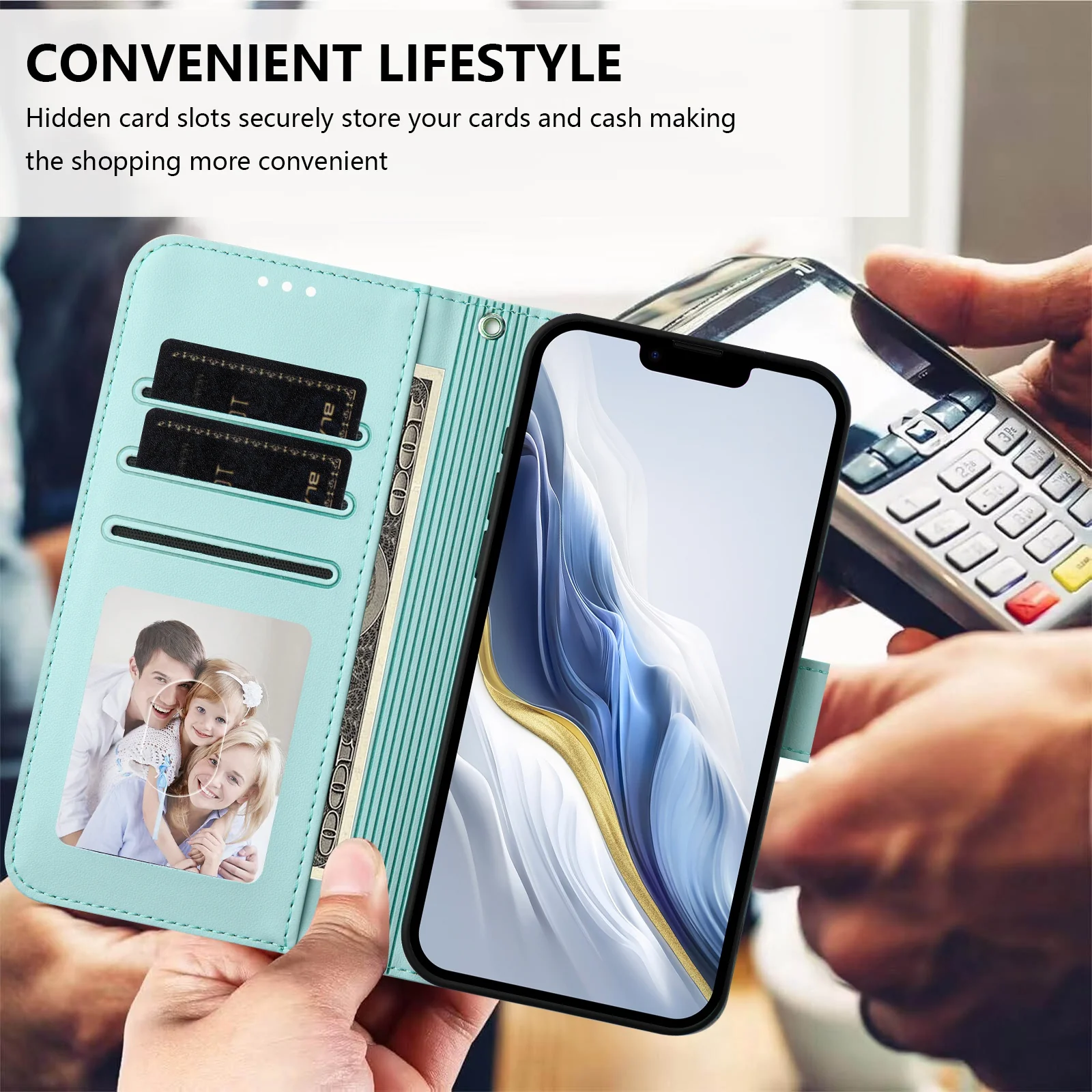 For iPhone 17 Pro Max Leather Case Wallet Stand Phone Cover with Wrist Strap - Mint Green - Image 8
