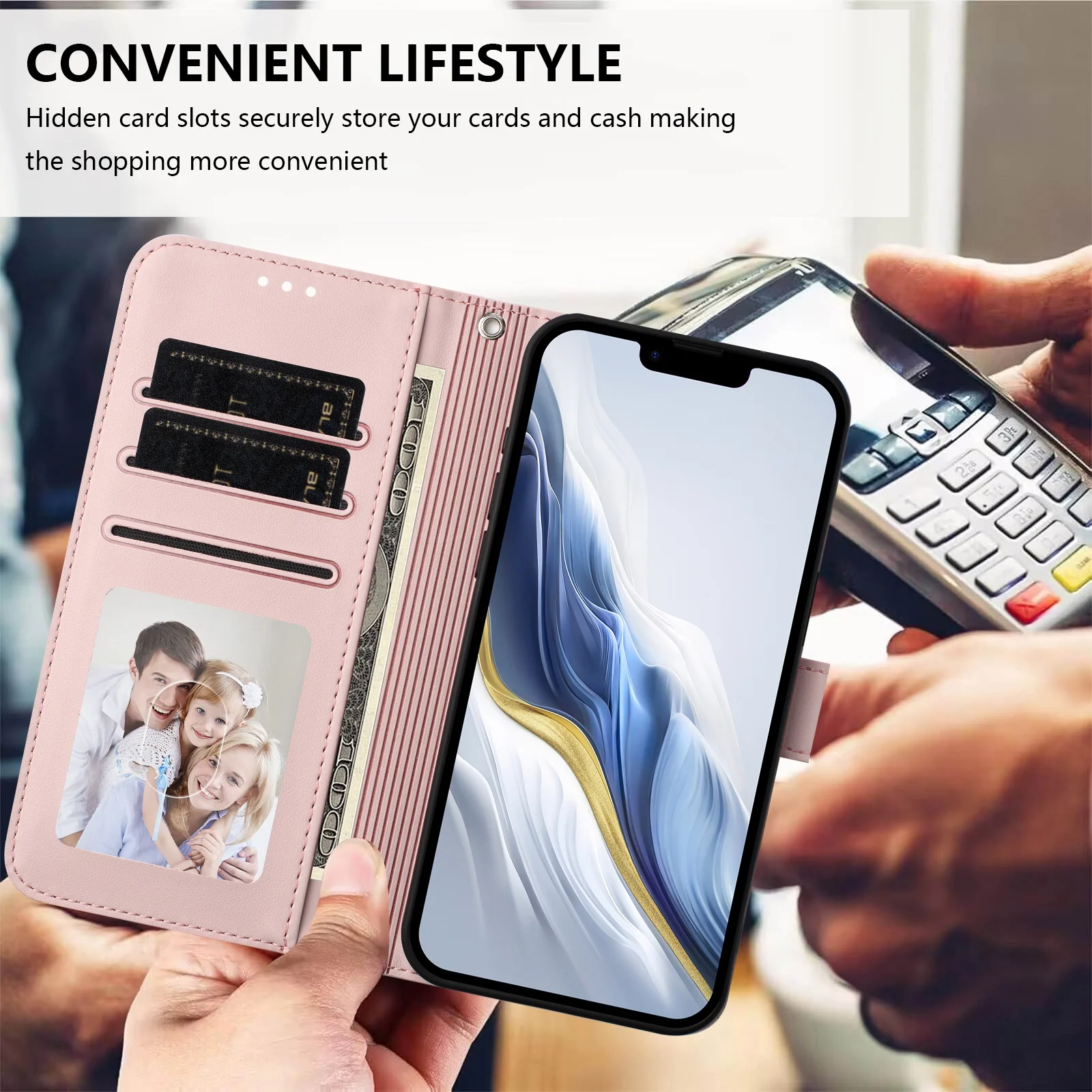 For iPhone 17 Pro Max Leather Case Wallet Stand Phone Cover with Wrist Strap - Pink - Image 8