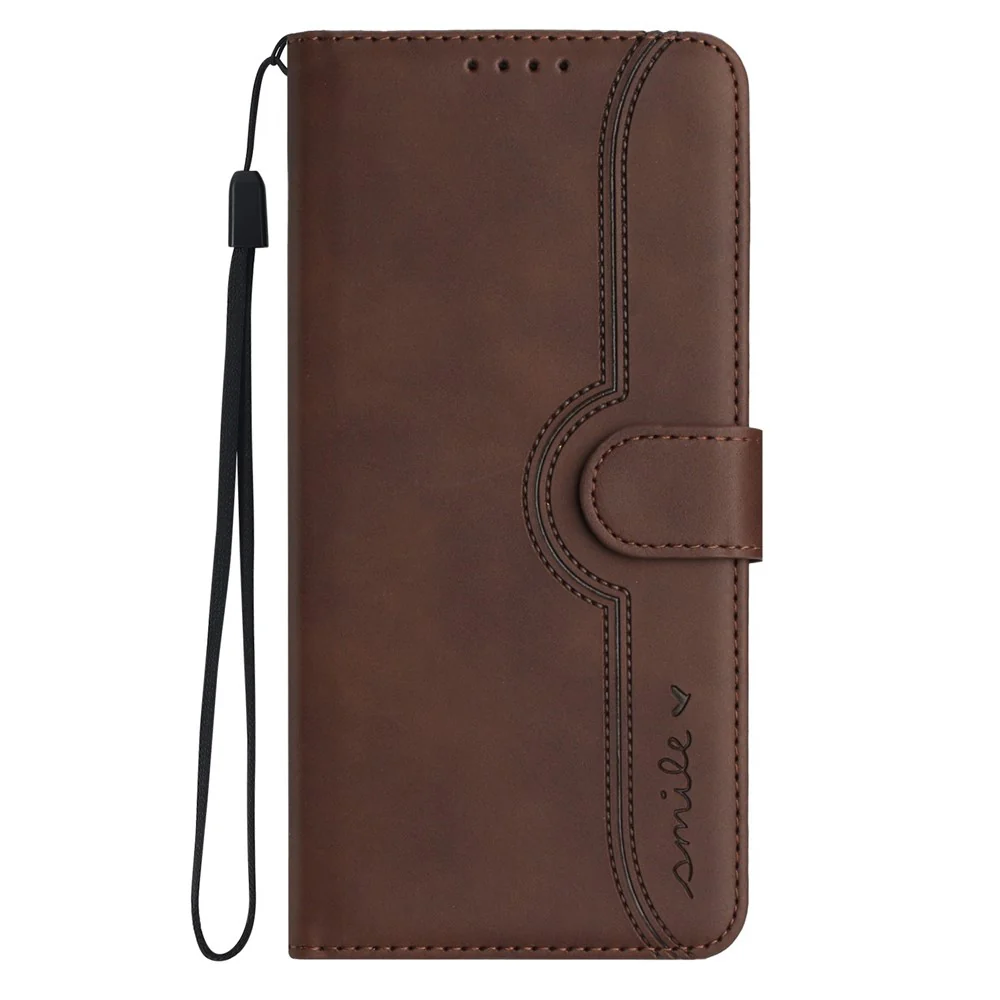 For iPhone 17 Pro Max Leather Case Wallet Stand Smile Imprinted Phone Cover with Strap - Coffee - Image 3
