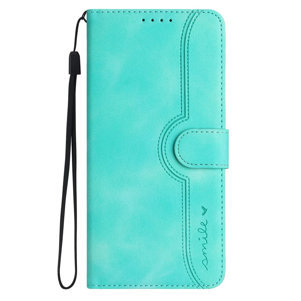 For iPhone 17 Pro Max Leather Case Wallet Stand Smile Imprinted Phone Cover with Strap - Light Blue - Image 3