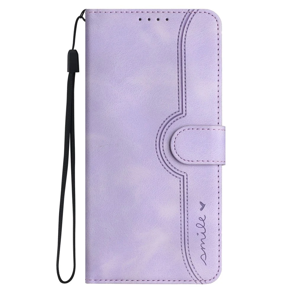 For iPhone 17 Pro Max Leather Case Wallet Stand Smile Imprinted Phone Cover with Strap - Purple - Image 3