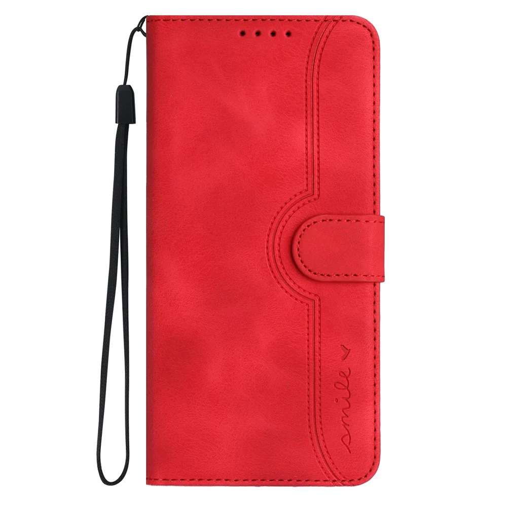For iPhone 17 Pro Max Leather Case Wallet Stand Smile Imprinted Phone Cover with Strap - Red - Image 3