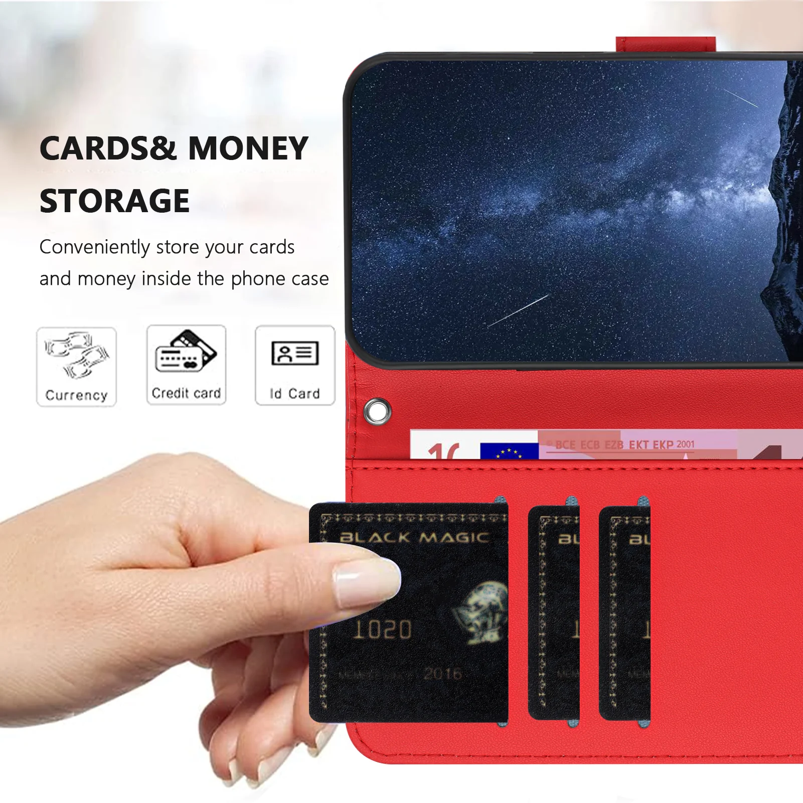 For iPhone 17 Pro Max Leather Case Wallet Stand Solid Color Anti Drop Phone Cover - Red - Image 2
