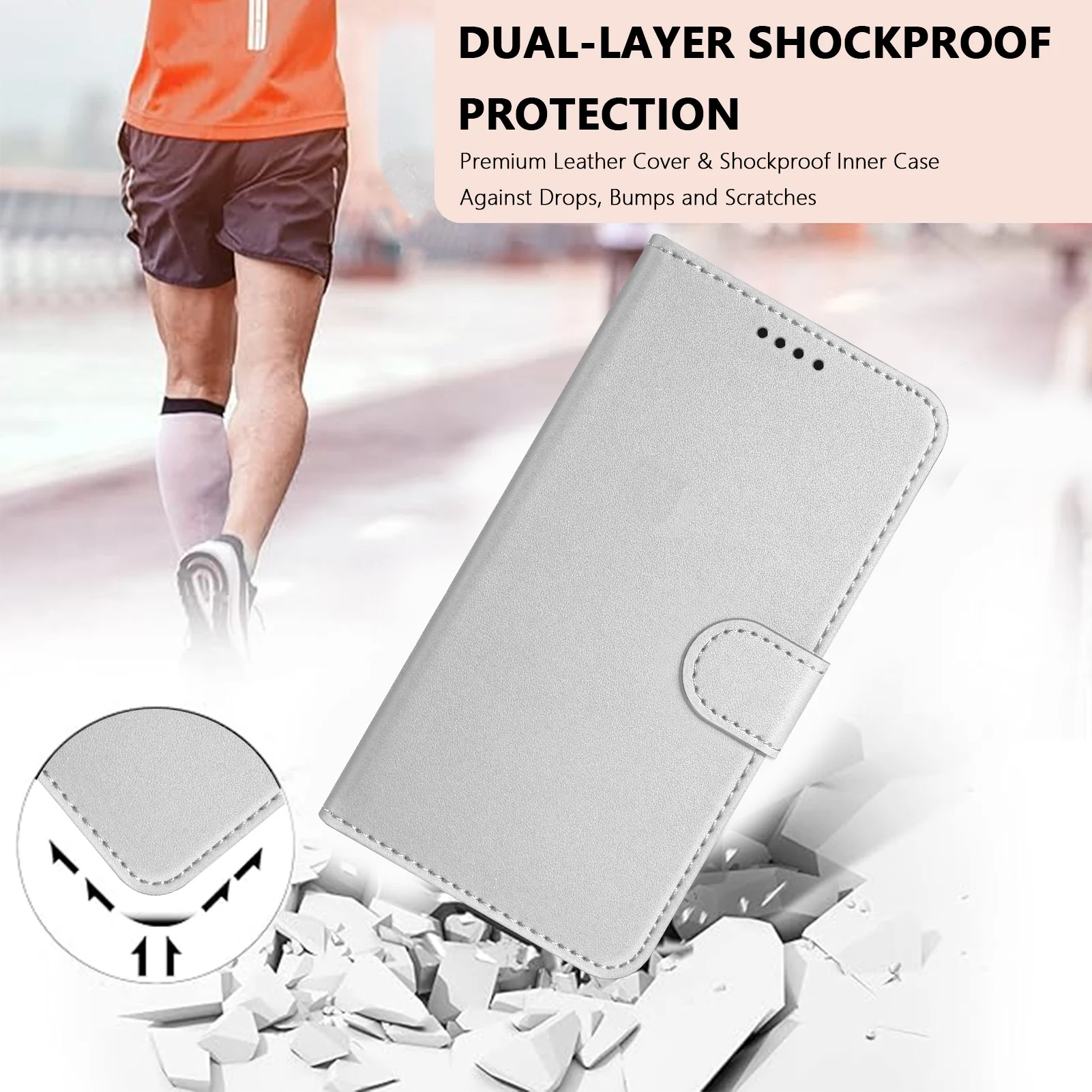 For iPhone 17 Pro Max Leather Case Wallet Stand Solid Color Anti Drop Phone Cover - Silver - Image 3