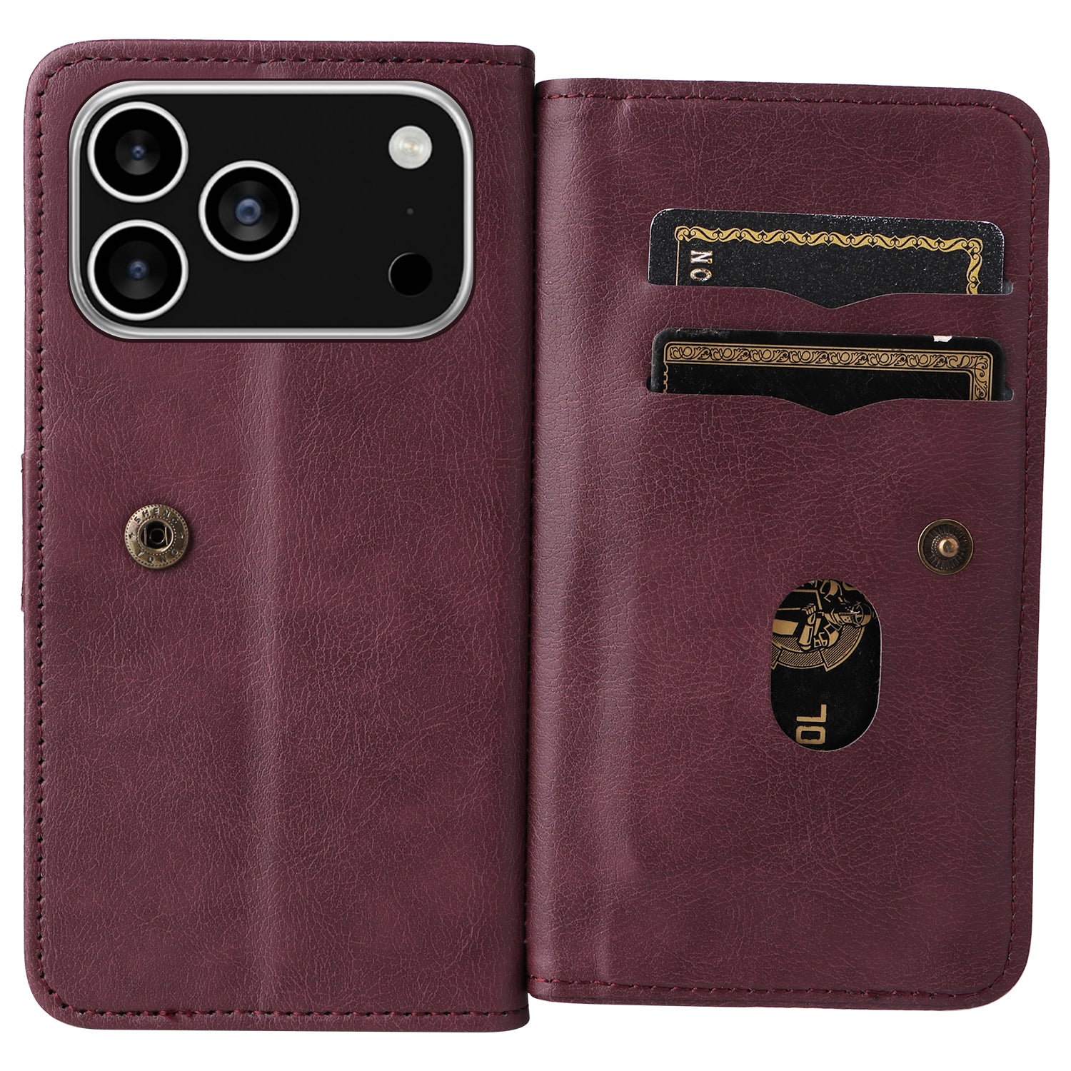 For iPhone 17 Pro Max Leather Case with 10 Card Holder Phone Cover Stand - Wine Red - Image 3