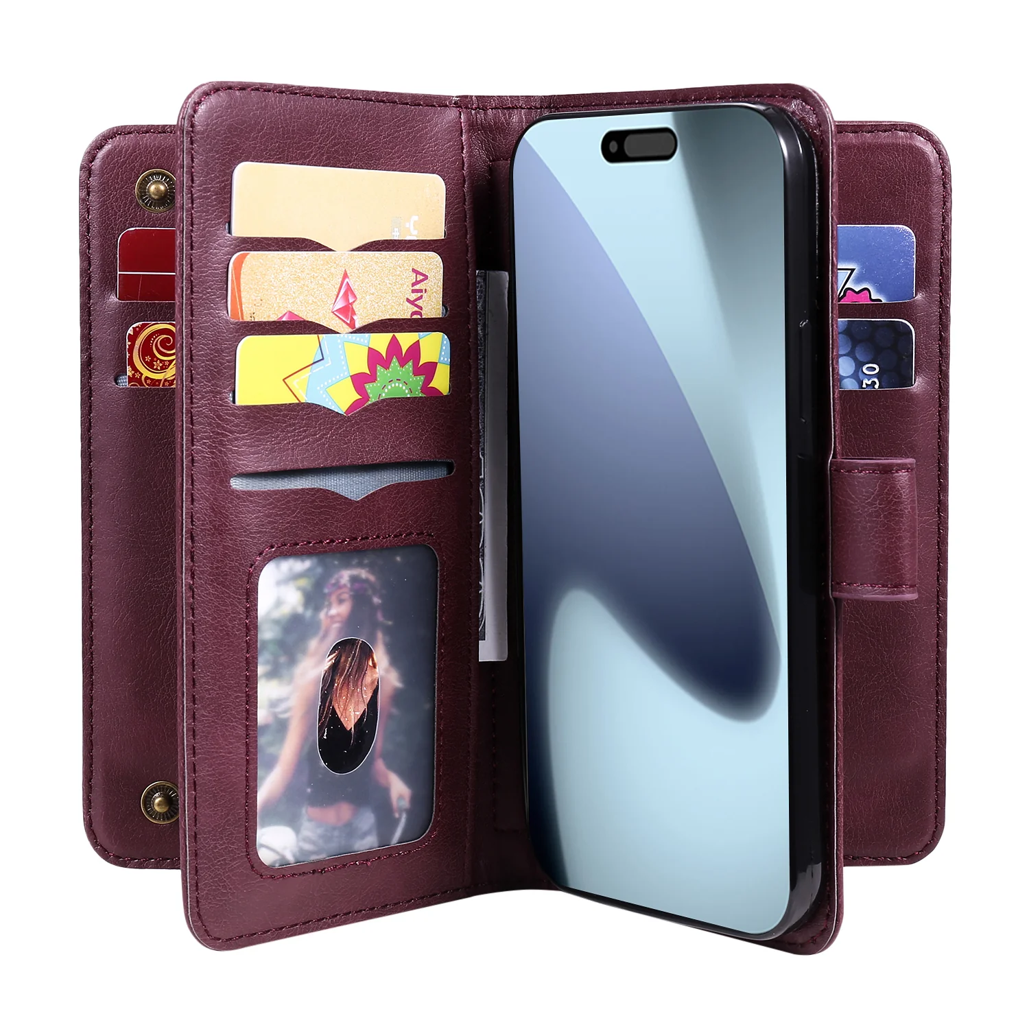 For iPhone 17 Pro Max Leather Case with 10 Card Holder Phone Cover Stand - Wine Red - Image 4