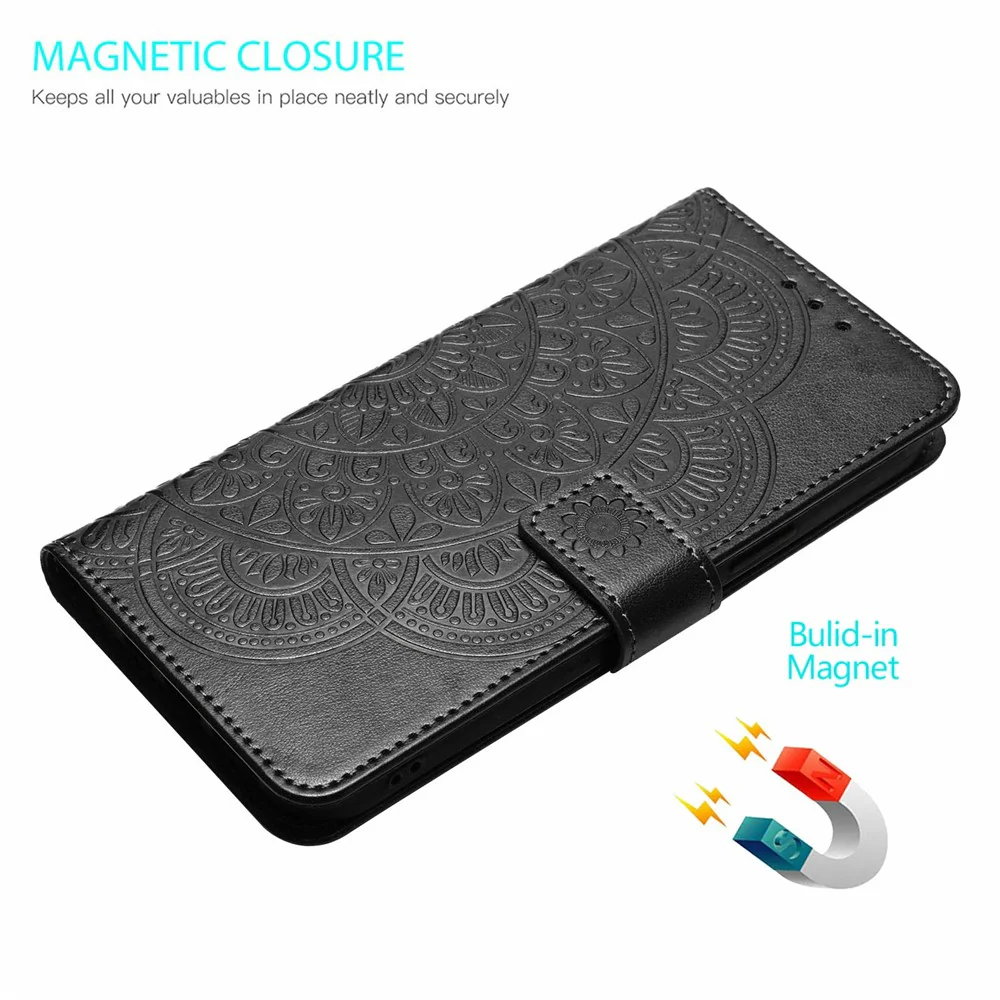 For iPhone 17 Pro Max Leather Case with Card Slots Mandala Pattern Phone Cover Stand - Black - Image 4