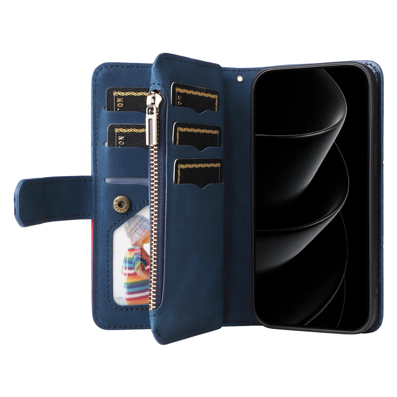 For iPhone 17 Pro Max Leather Case with Strap Zipper 9 Card Slot Phone Cover Stand - Blue - Image 2