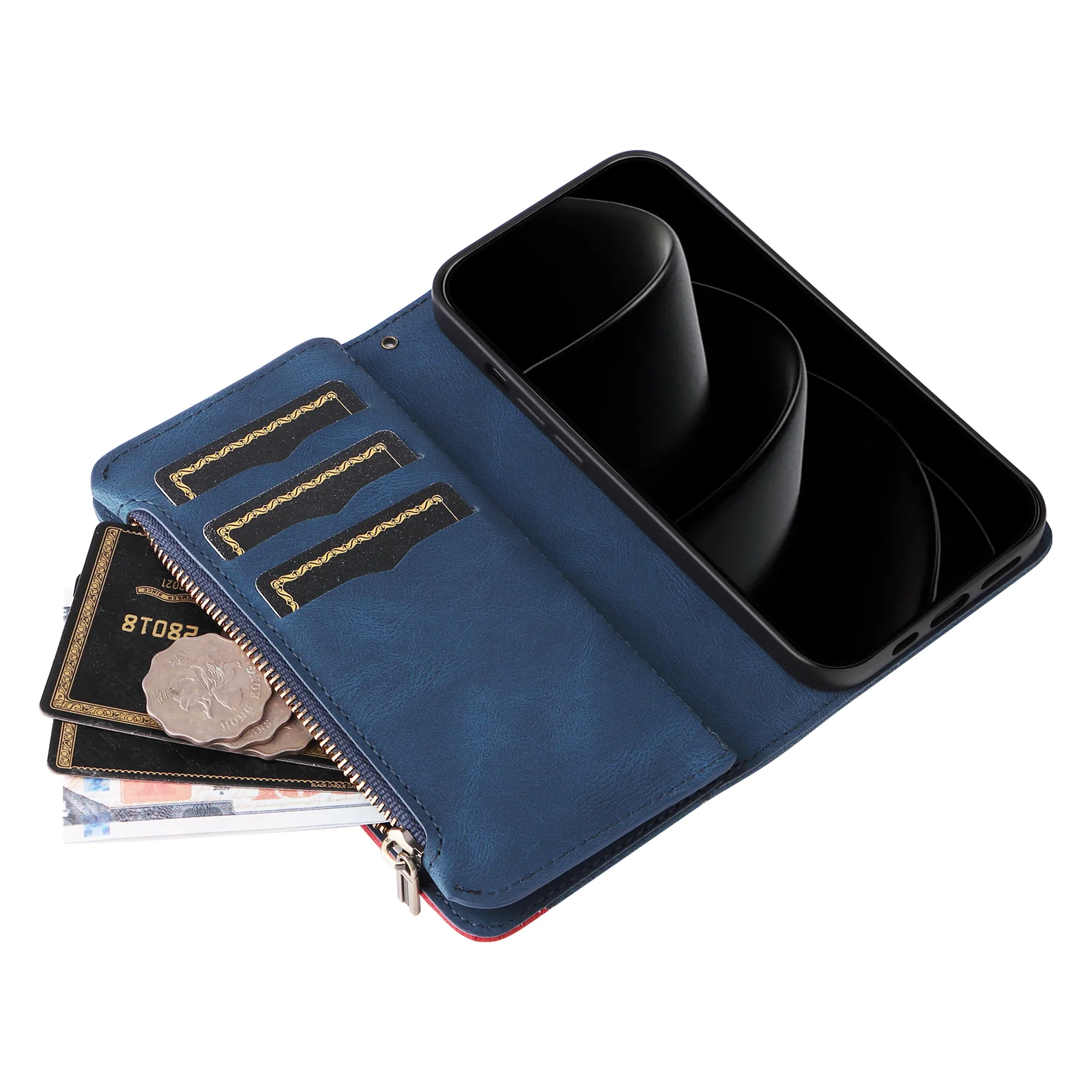 For iPhone 17 Pro Max Leather Case with Strap Zipper 9 Card Slot Phone Cover Stand - Blue - Image 3