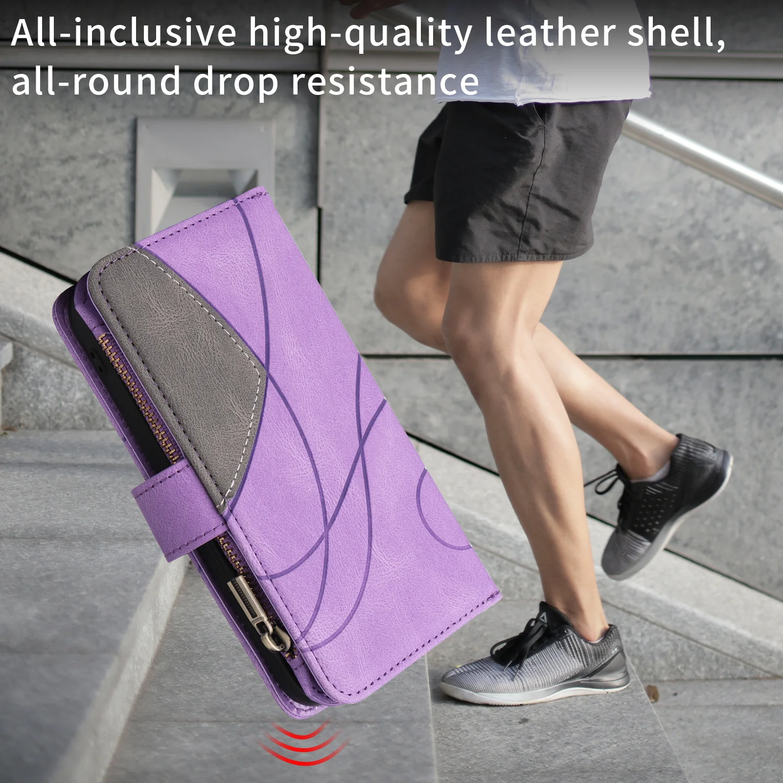 For iPhone 17 Pro Max Leather Case with Strap Zipper 9 Card Slot Phone Cover Stand - Purple - Image 4