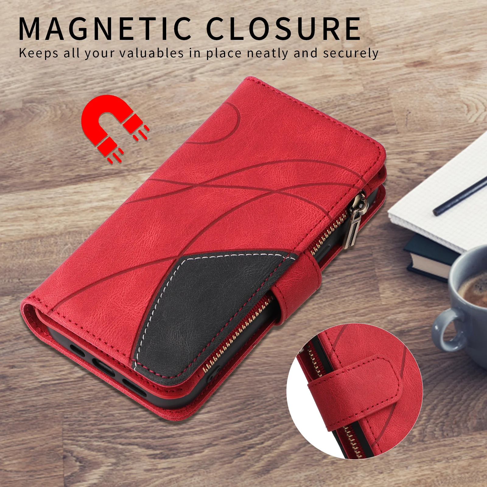 For iPhone 17 Pro Max Leather Case with Strap Zipper 9 Card Slot Phone Cover Stand - Red - Image 4