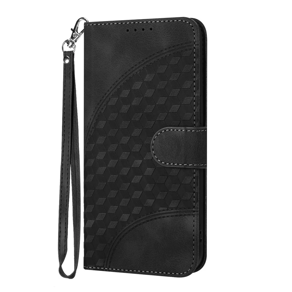 For iPhone 17 Pro Max Leather Case with Wrist Strap Diamond Imprint Wallet Phone Cover - Black - Image 2