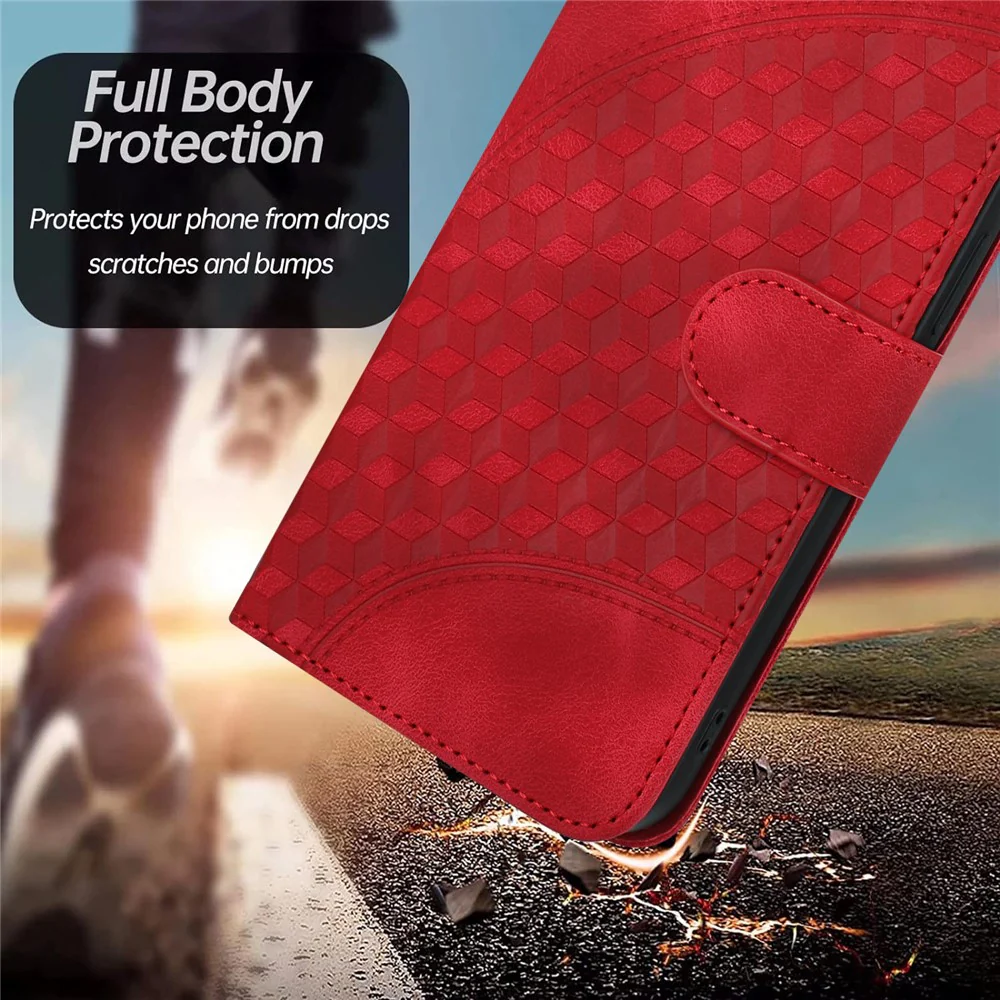 For iPhone 17 Pro Max Leather Case with Wrist Strap Diamond Imprint Wallet Phone Cover - Red - Image 3