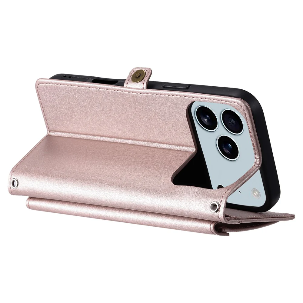 For iPhone 17 Pro Max Leather Case with Wrist Strap Wallet Stand Phone Cover - Rose Gold - Image 6