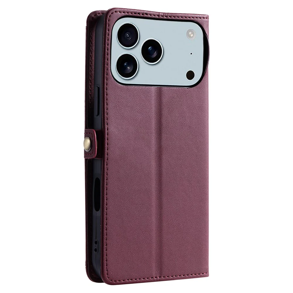 For iPhone 17 Pro Max Leather Case with Wrist Strap Wallet Stand Phone Cover - Wine Red - Image 4