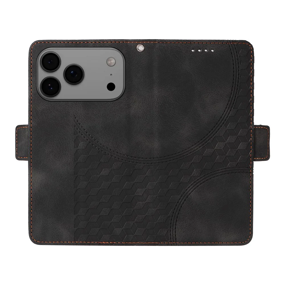 For iPhone 17 Pro Max Leather Cases Wallet Rhombus Imprinted Phone Cover Stand with Strap - Black - Image 2