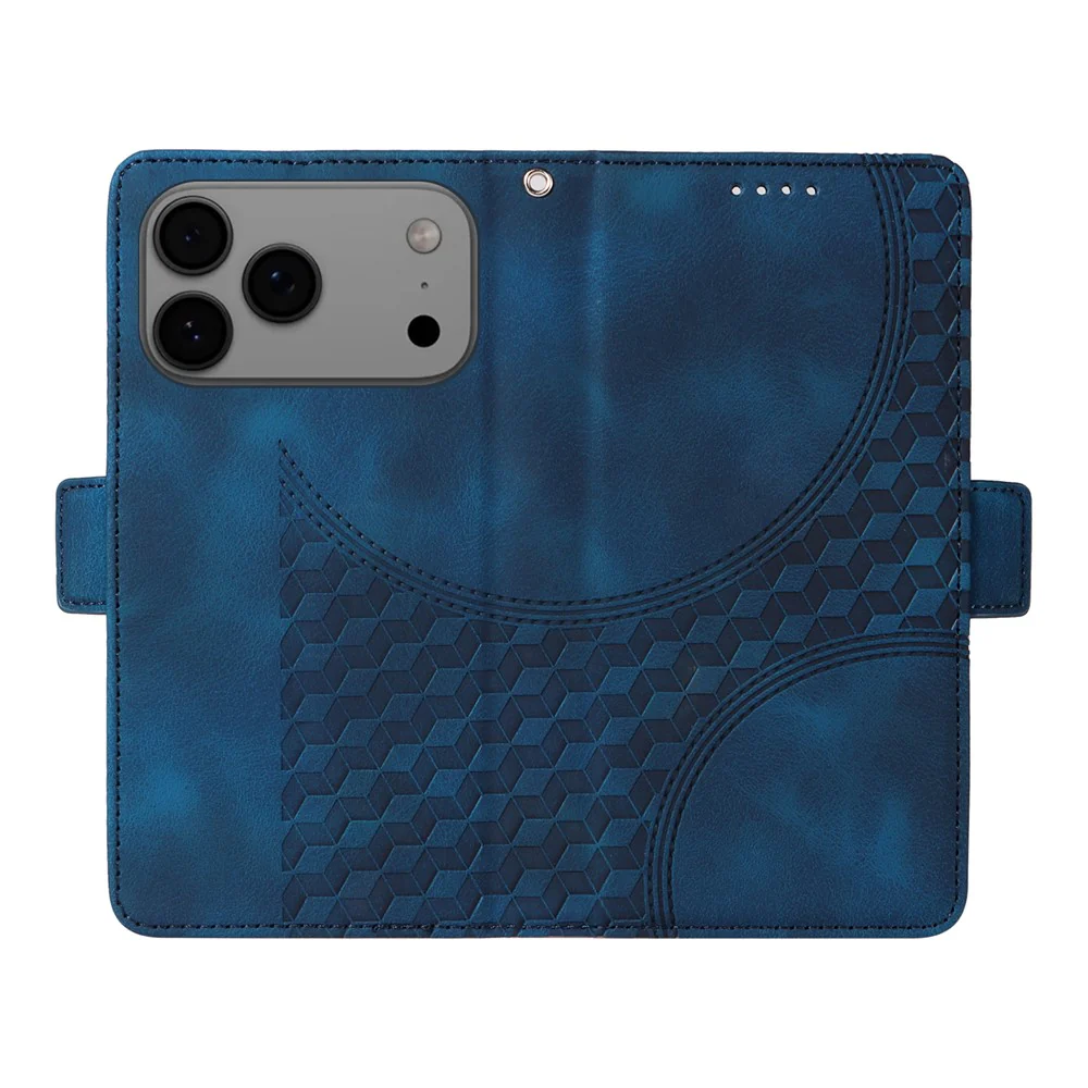 For iPhone 17 Pro Max Leather Cases Wallet Rhombus Imprinted Phone Cover Stand with Strap - Blue - Image 2