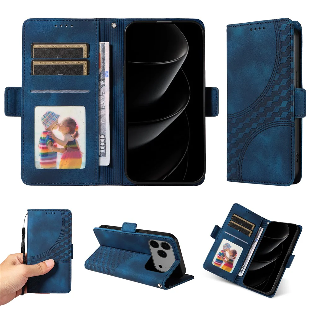 For iPhone 17 Pro Max Leather Cases Wallet Rhombus Imprinted Phone Cover Stand with Strap - Blue - Image 3