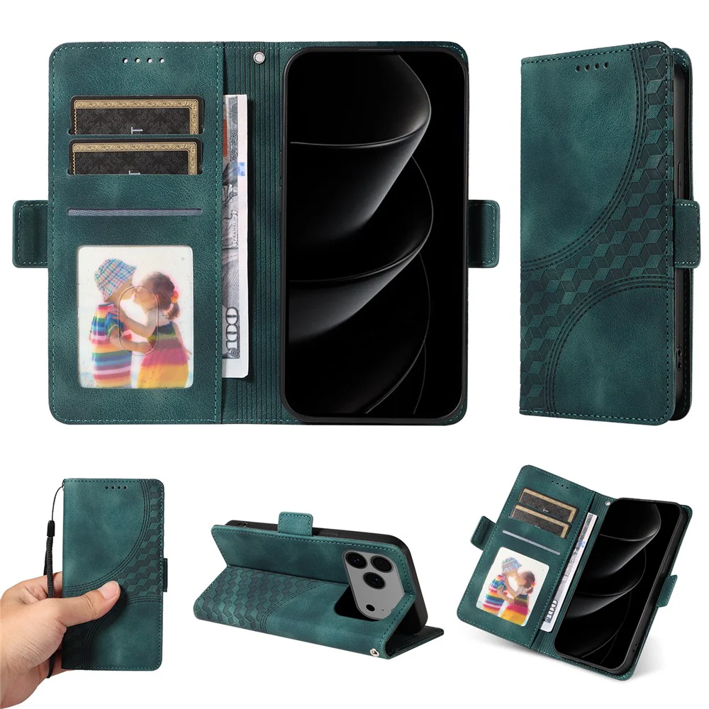 For iPhone 17 Pro Max Leather Cases Wallet Rhombus Imprinted Phone Cover Stand with Strap - Green - Image 3