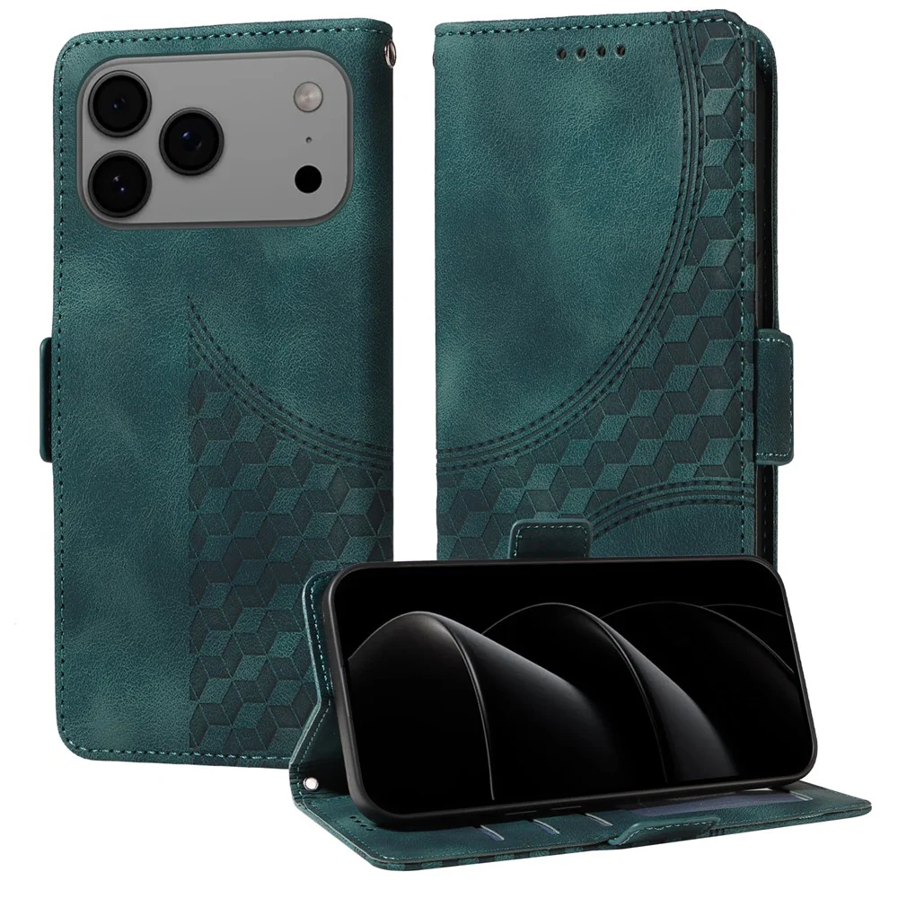 For iPhone 17 Pro Max Leather Cases Wallet Rhombus Imprinted Phone Cover Stand with Strap - Green - Image 4