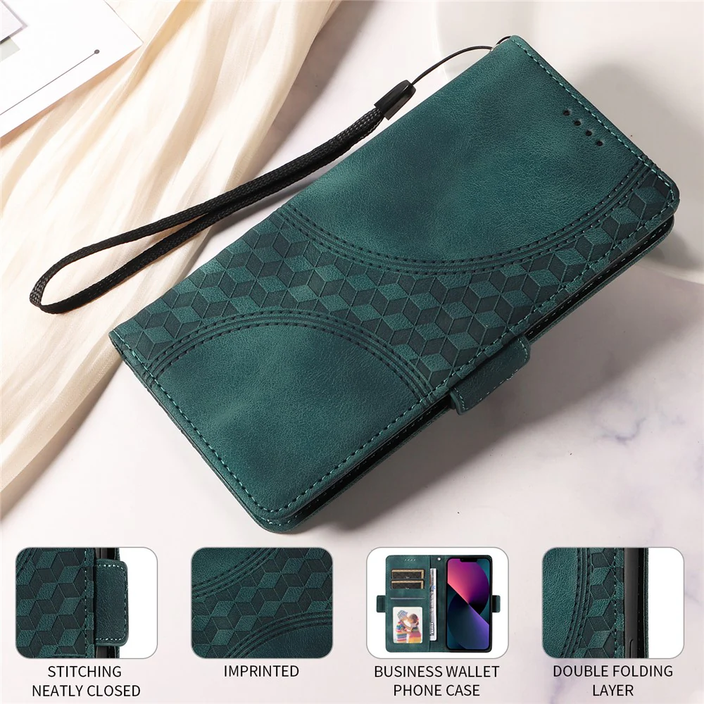 For iPhone 17 Pro Max Leather Cases Wallet Rhombus Imprinted Phone Cover Stand with Strap - Green - Image 5