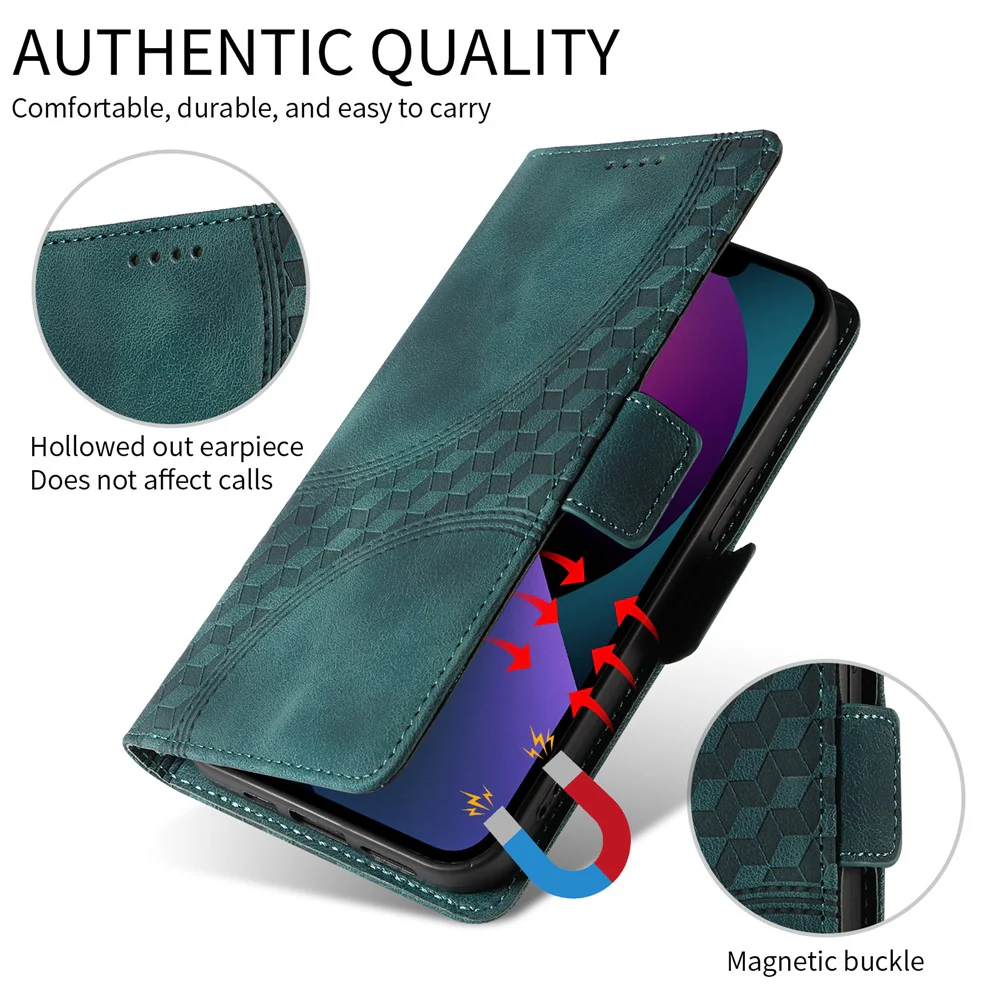 For iPhone 17 Pro Max Leather Cases Wallet Rhombus Imprinted Phone Cover Stand with Strap - Green - Image 7