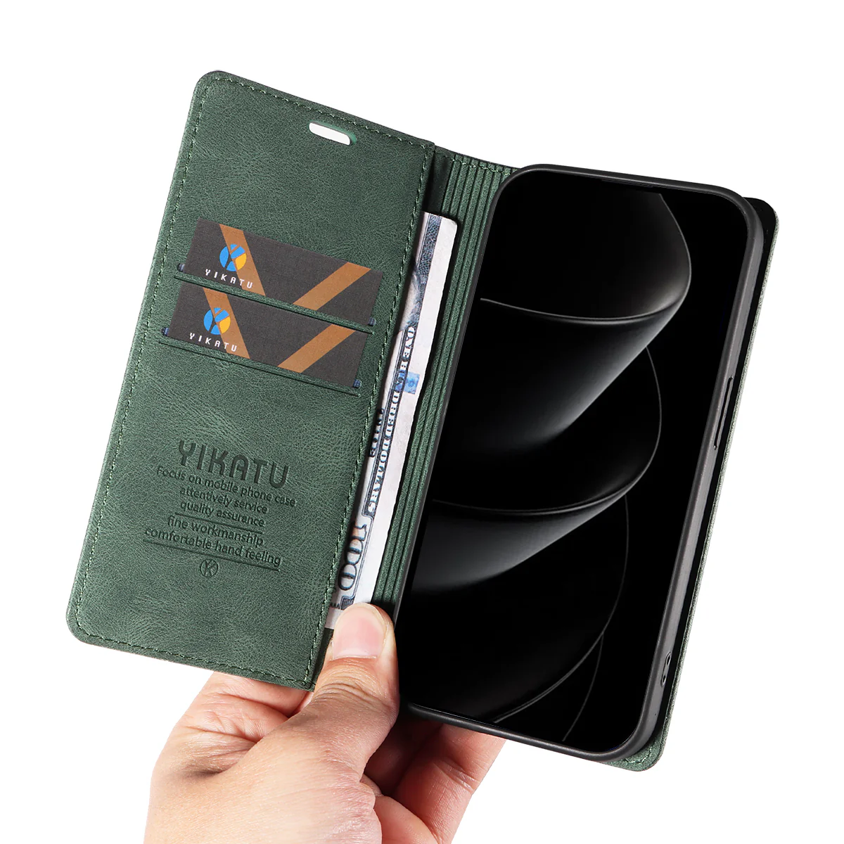For iPhone 17 Pro Max Leather Cover YIKATU YK-004 Skin-Touch Wallet Phone Cases - Green - Image 7